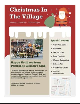 Christmas in the Village flyer listed date, time, and activities