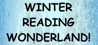 "Winter Reading Wonderland" written in bold capital letters with light blue ice in background