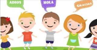 Cartoon image of kids with "adios," "hola," and "gracias" in bubbles adove kids.
