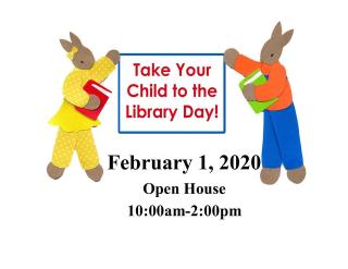 Image of two rabbits holding banner between them that reads "Take Your Child to the Library Day"