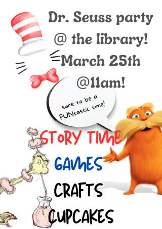 flyer for the party with pic of cat in the hat and the lorax